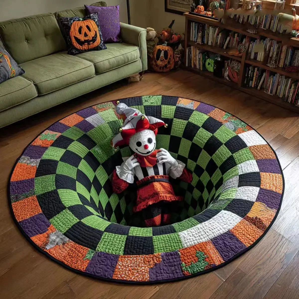 🔥Utolsó akció🎃Steppelt kerek halloweeni szőnyeg 3D csontvázzal és örvénnyel