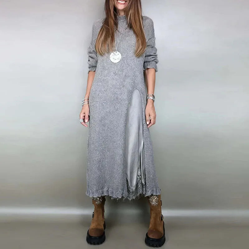 Valérie™ szett egy bájos szaténruhával és hosszú, kézzel készített pulóverrel / Időtlen elegancia minden részletében!