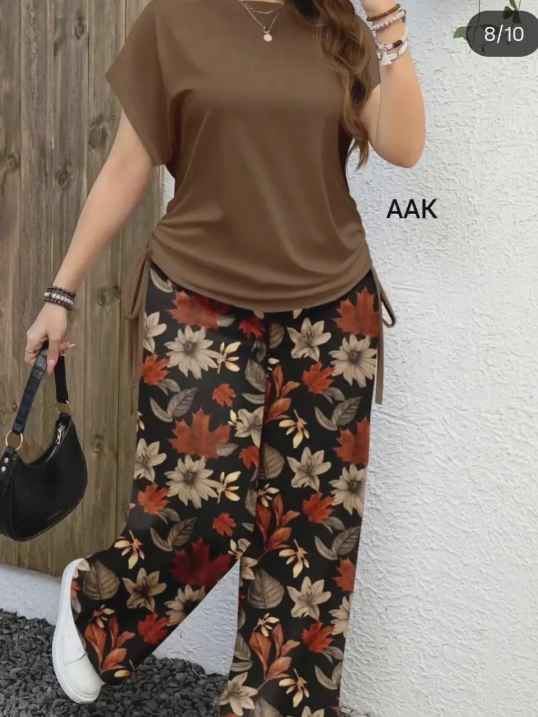 Női kétrészes szett: Egyszínű, mintás, lengedező ujjú, húzózsinóros felső és rugalmas derekú, széles szárú crop top