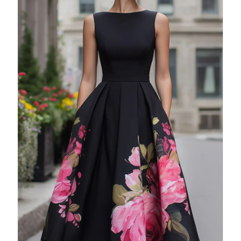 🌸Elegáns, ujjatlan, A-vonalú midi ruha virágmintával👗❤️