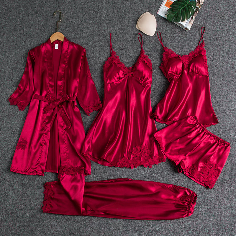 🔥🌹Oferta Walentynkowa💕Damska seksowna 5-częściowa sukienka nocna z lodowego jedwabiu