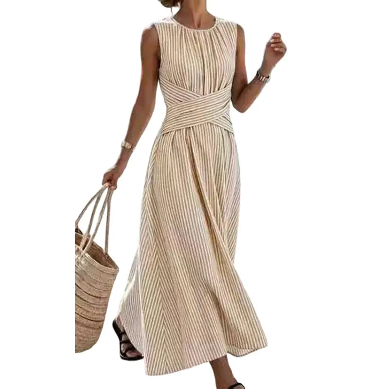 👗KORLÁTOZOTT IDEIG 50% KEDVEZMÉNY! Női ujjatlan csíkos maxi ruha derékkiemeléssel