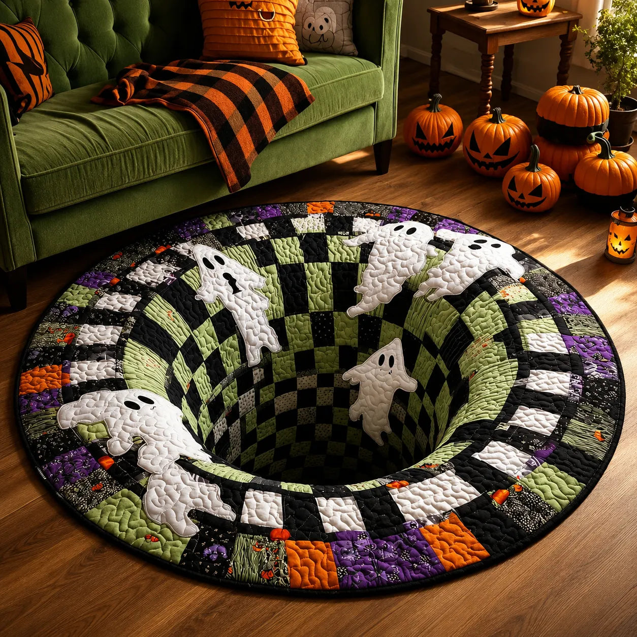 🔥Utolsó akció🎃Steppelt kerek halloweeni szőnyeg 3D csontvázzal és örvénnyel