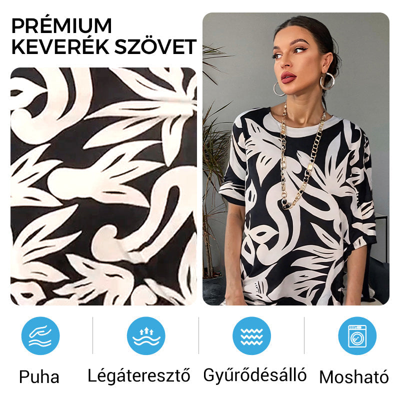 🌼Elegancka, luźna, z okrągłym dekoltem, wzorzysta sukienka damska