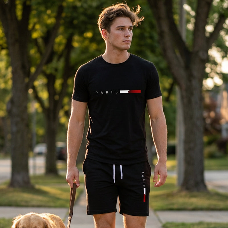 👕 MOST 30% KEDVEZMÉNY! ⏰ Férfi kétrészes mintás szett – Puha és lélegző – Laza szabás, tökéletes nyári kikapcsolódásra vagy hétköznapokra – Összeillő felső és rövidnadrág 🩳