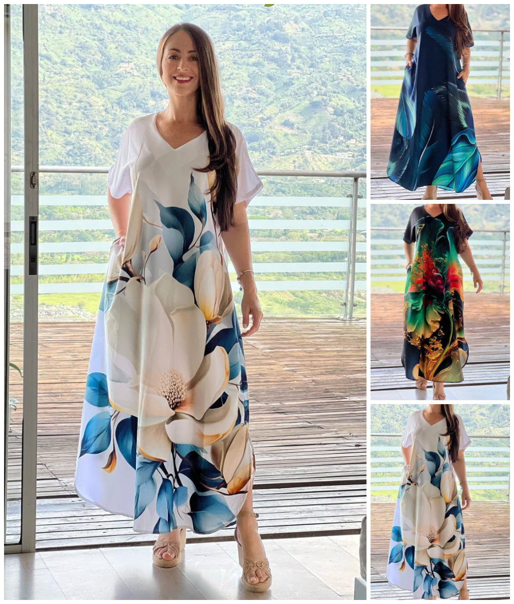 👗 Női hosszú ruha nyomtatott mintával és V-nyakkivágással