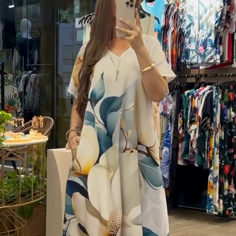 👗 Női hosszú ruha nyomtatott mintával és V-nyakkivágással
