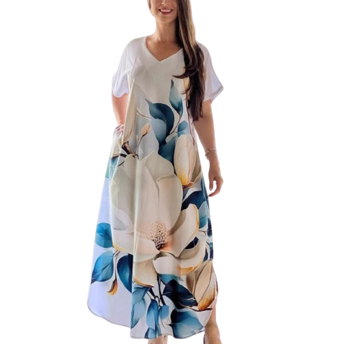 👗 Női hosszú ruha nyomtatott mintával és V-nyakkivágással