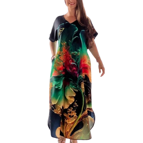 👗 Női hosszú ruha nyomtatott mintával és V-nyakkivágással