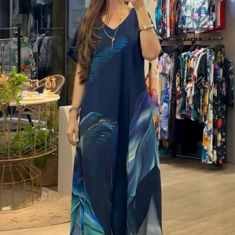 👗 Női hosszú ruha nyomtatott mintával és V-nyakkivágással