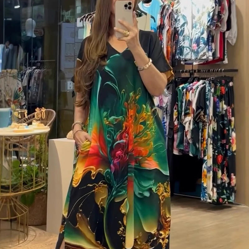 👗 Női hosszú ruha nyomtatott mintával és V-nyakkivágással