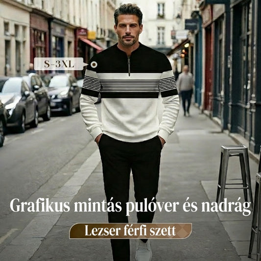 🔥 Férfi Grafikus Mintás Pulóver és Nadrág Szett – utcai stílus, kényelmes fazon és alkalmi megjelenés 👖