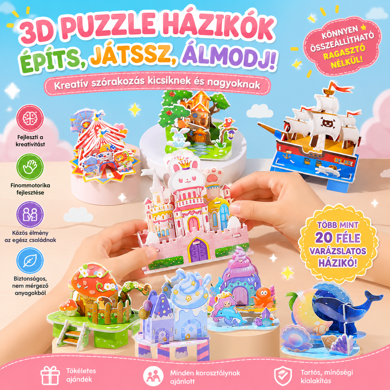 🧩 Építse fel saját 3D világát – 3D papír puzzle építőkészlet (4 darab, ragasztó nélkül) – Utánvétes 🏰