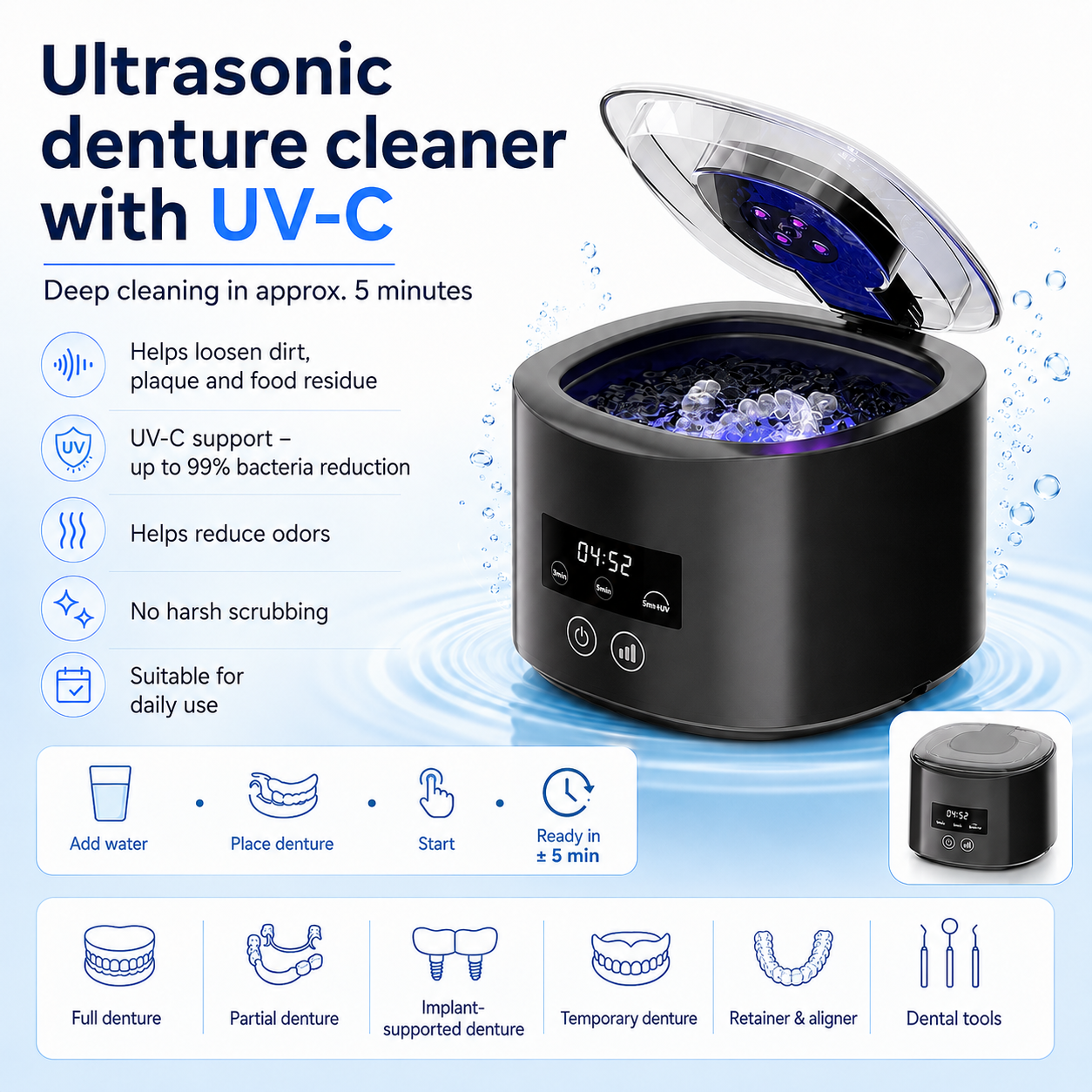 🥳2026-OS AKCIÓ🥳💞Több mint 50 ezer eladott darab!🦷 Denture Dome ultrahangos UV-C tisztító – Frissebb, tisztább fogsor mindössze 5 perc alatt