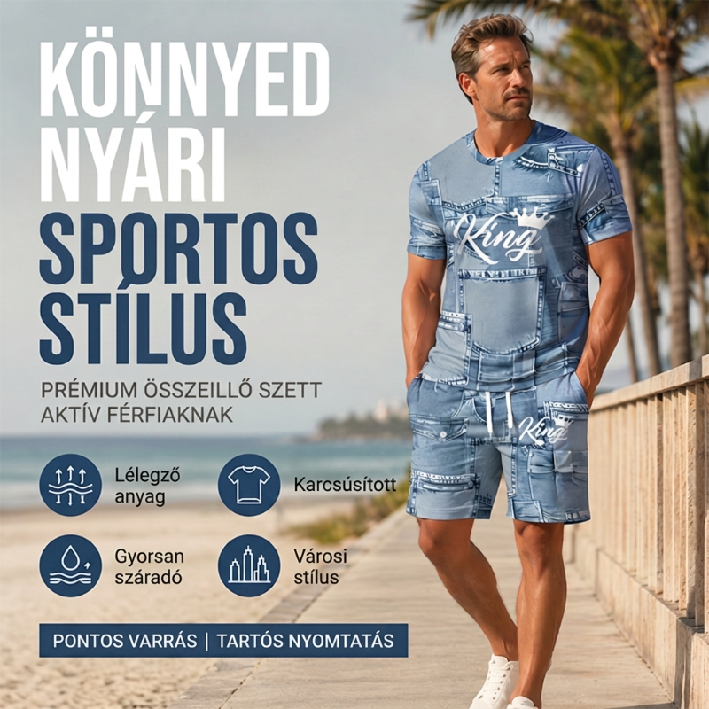 👕 Férfi farmerhatású póló és rövidnadrág szett | Könnyű, légáteresztő nyári viselet ☀️