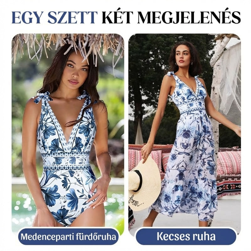 【🌊2 részes szett】V-nyakú csipkés nyomtatott egyrészes fürdőruha és szoknya