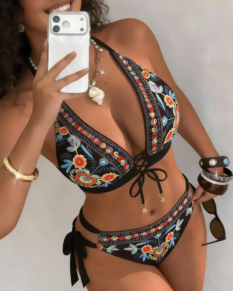 Női etnikai virágmintás bikini szett