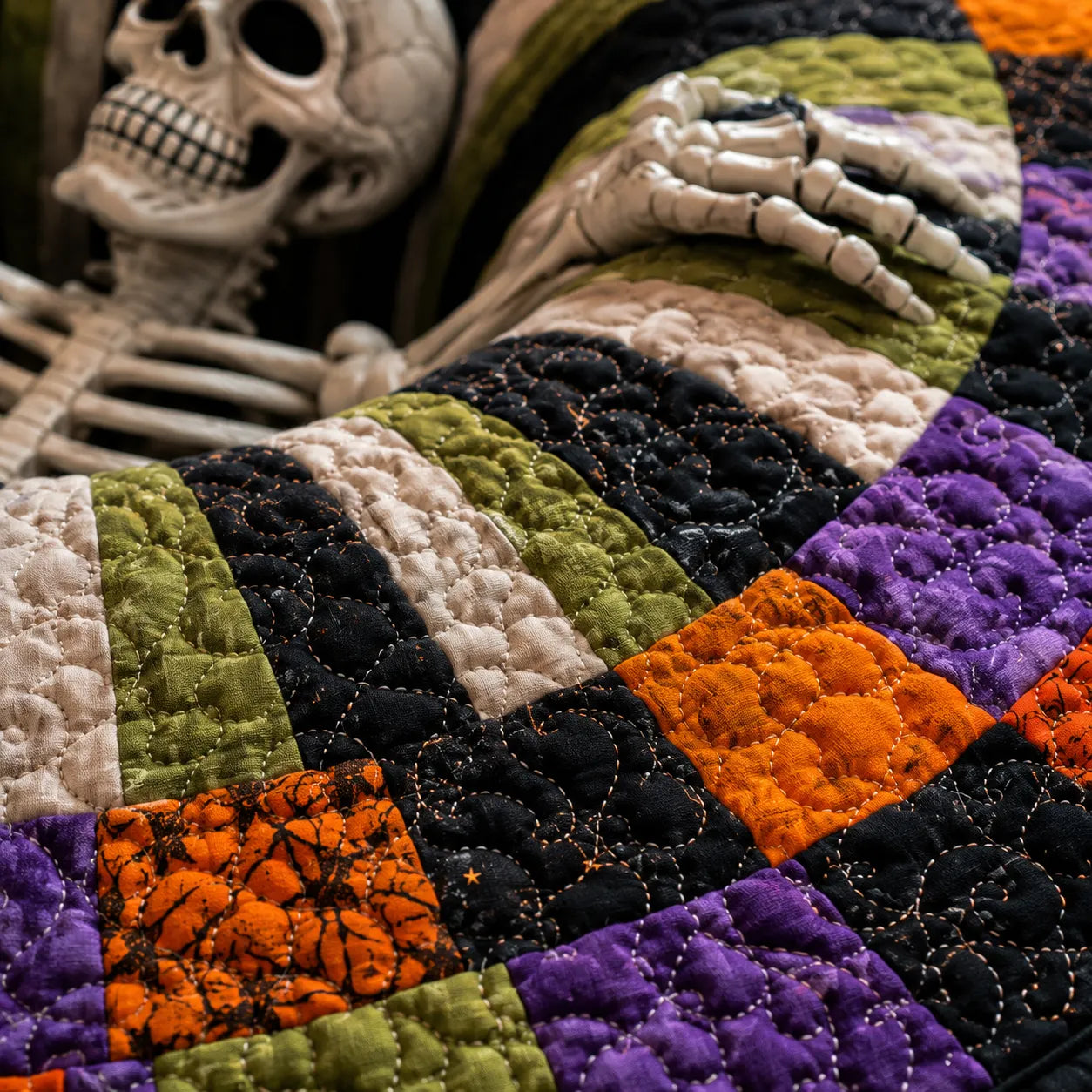 🔥Utolsó akció🎃Steppelt kerek halloweeni szőnyeg 3D csontvázzal és örvénnyel