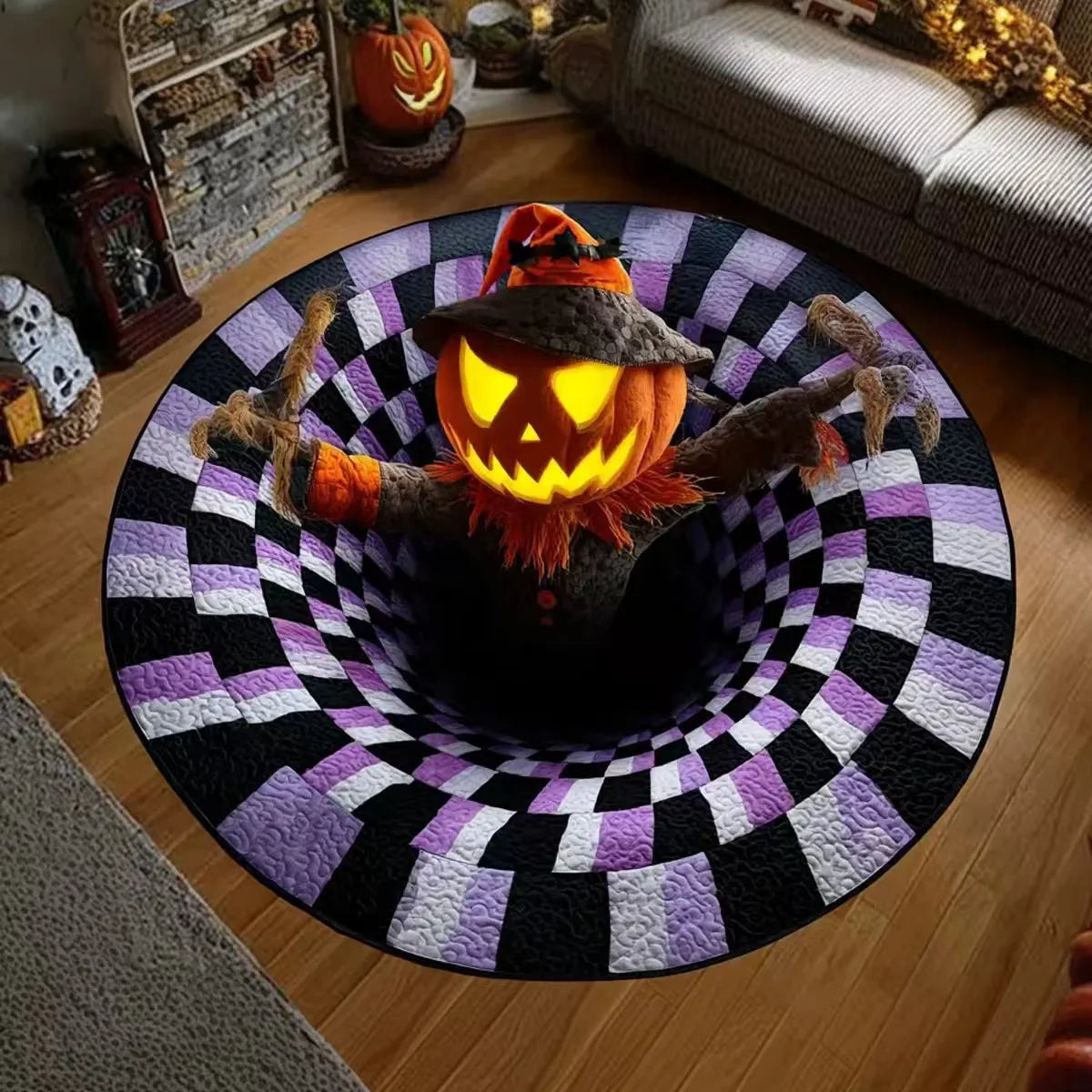 🔥Utolsó akció🎃Steppelt kerek halloweeni szőnyeg 3D csontvázzal és örvénnyel