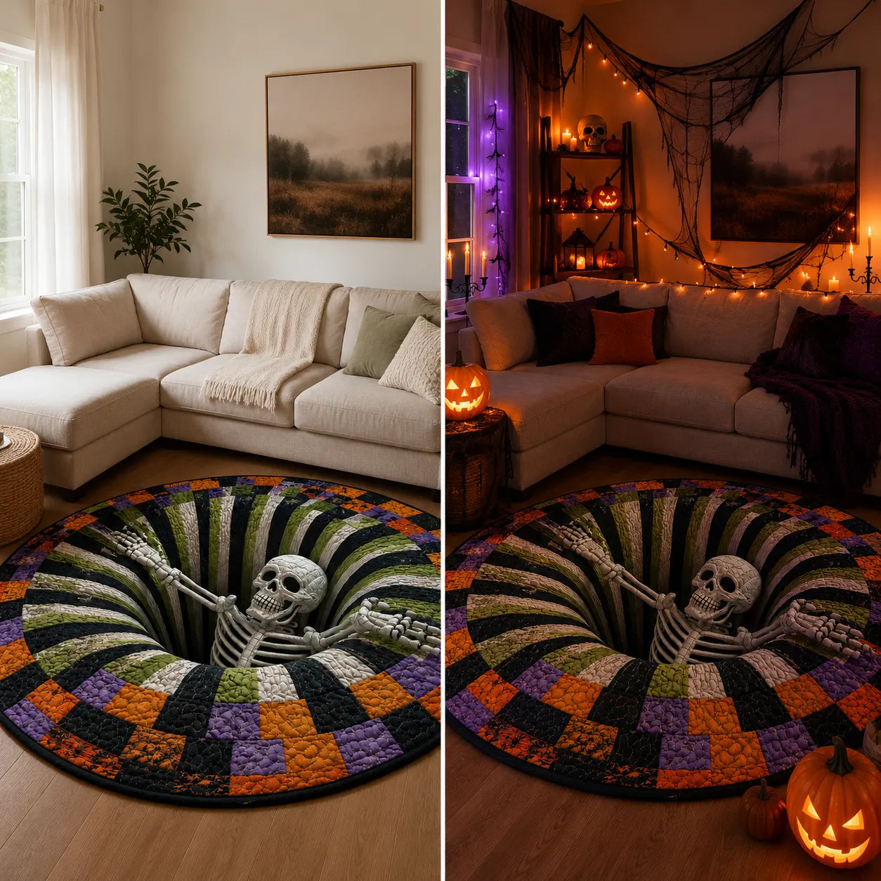 🔥Utolsó akció🎃Steppelt kerek halloweeni szőnyeg 3D csontvázzal és örvénnyel