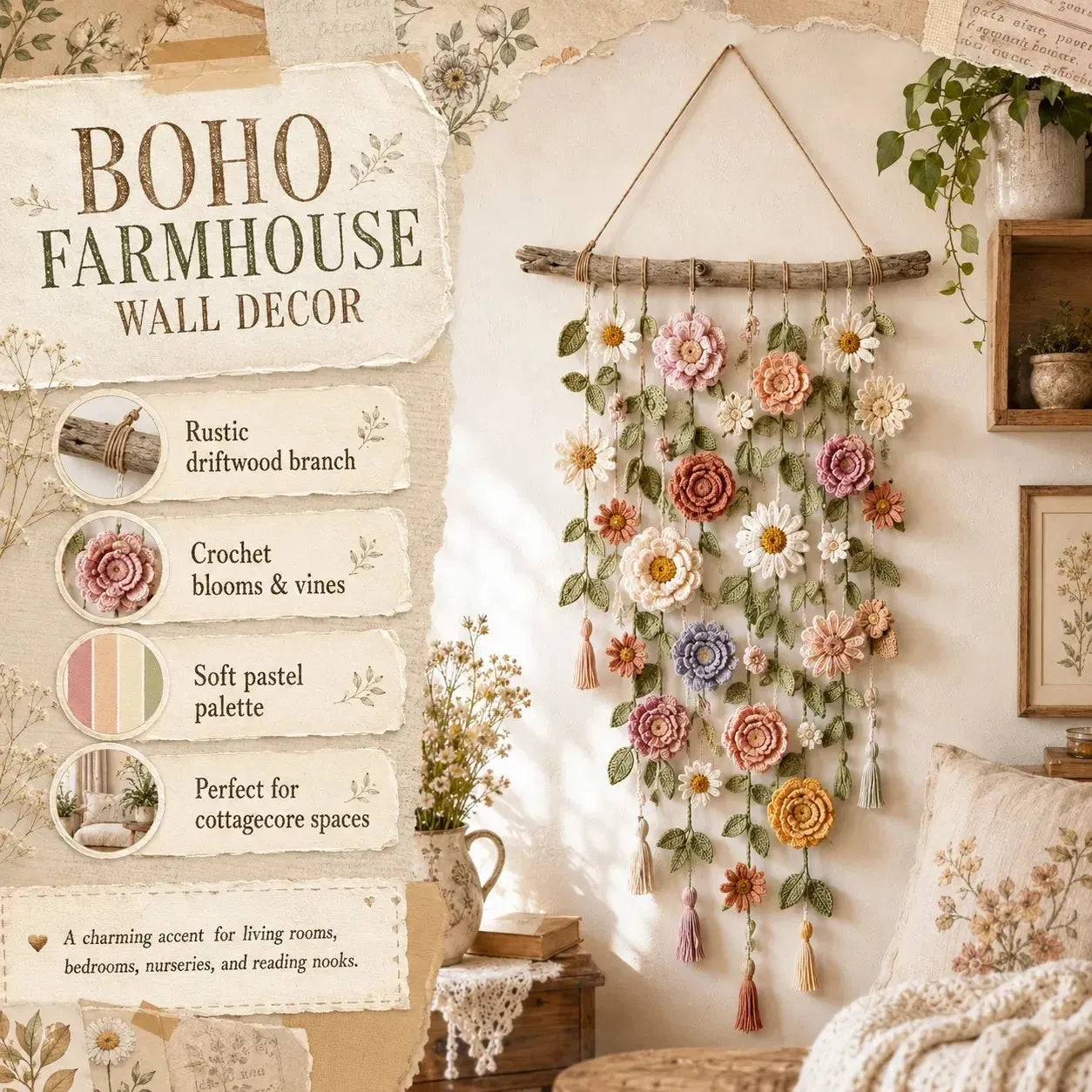 🌸Boho horgolt virágos fali dekoráció