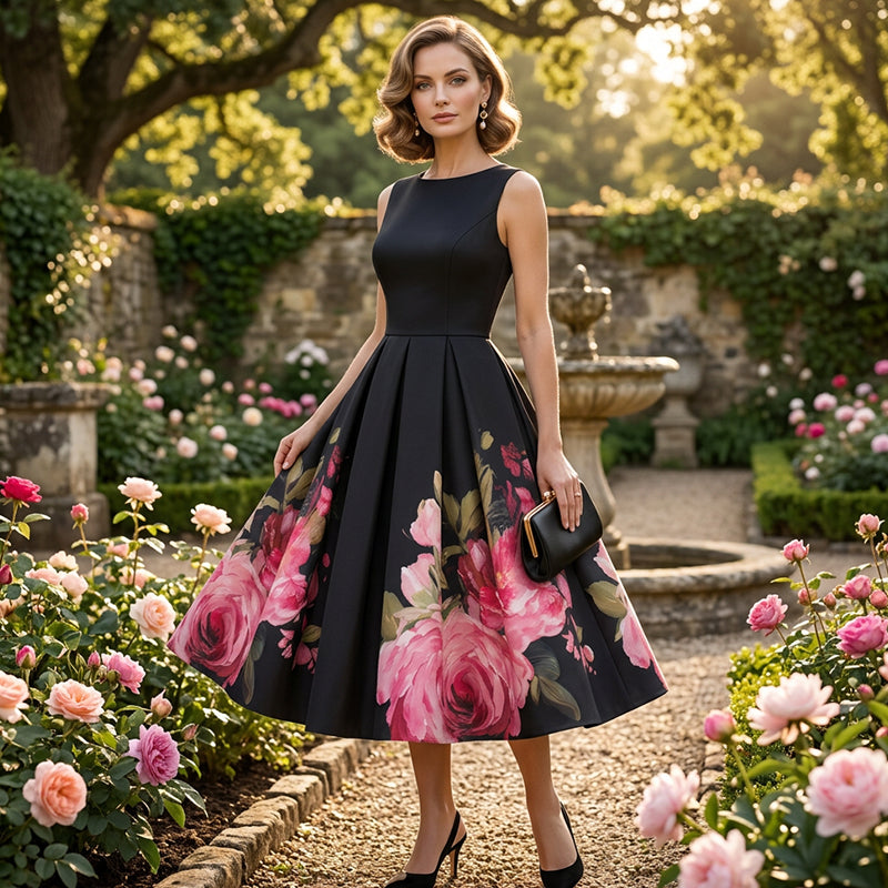 🌸Elegáns, ujjatlan, A-vonalú midi ruha virágmintával👗❤️