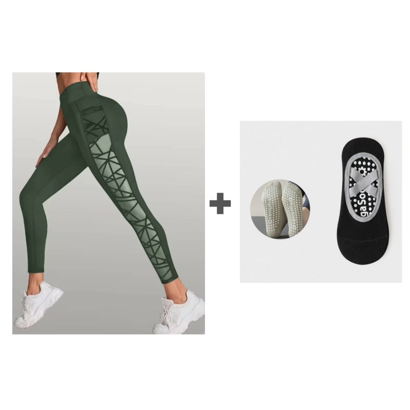 Női Magas Derekú Hálós Jóga Leggings Zsebekkel