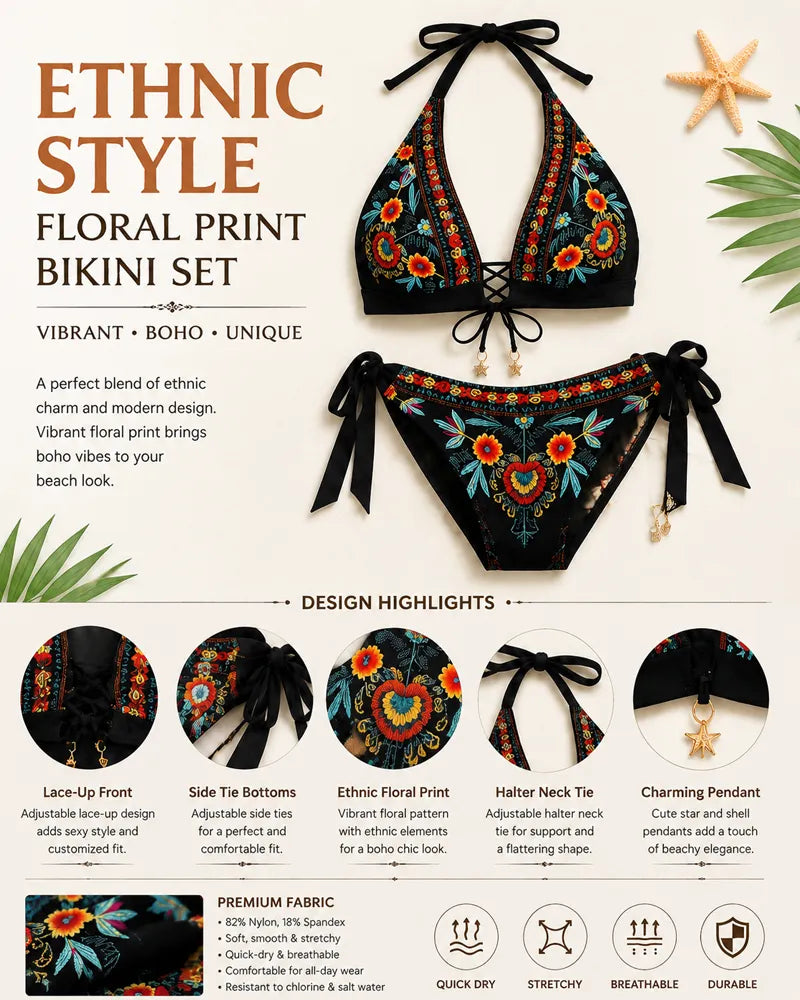 Női etnikai virágmintás bikini szett