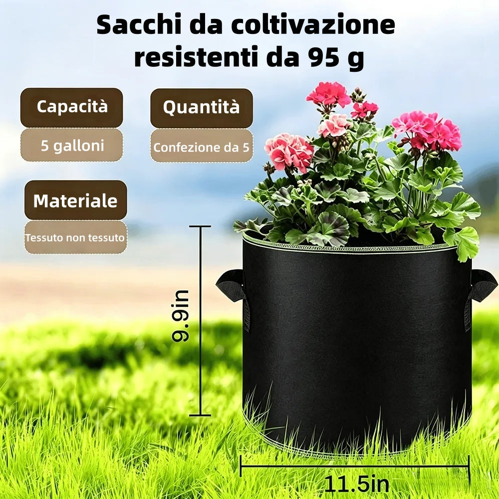 🌱 5 db-os, 19 literes (5 gallonos) termesztőzsák csomag – tartós, lélegző, füllel ellátott szövetcserepek zöldségekhez, virágokhoz és gyümölcsökhöz