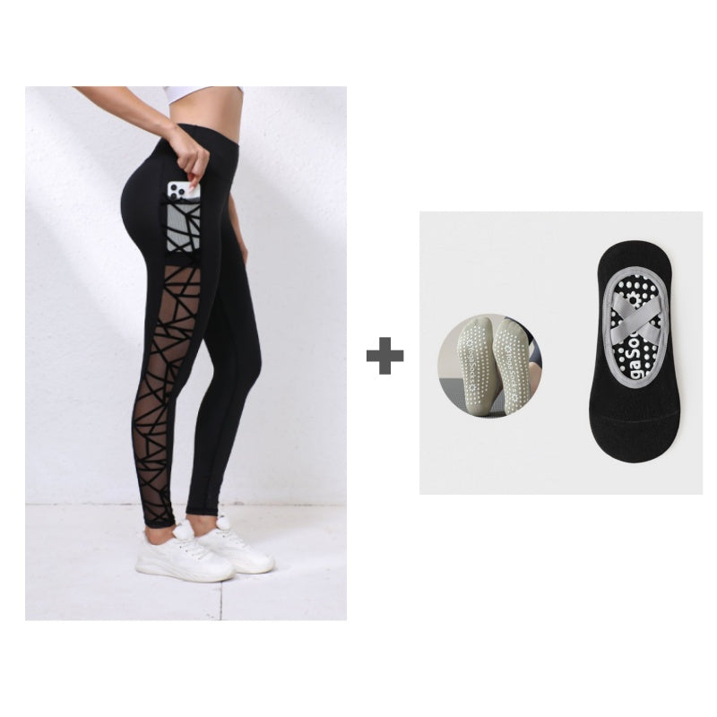 Női Magas Derekú Hálós Jóga Leggings Zsebekkel