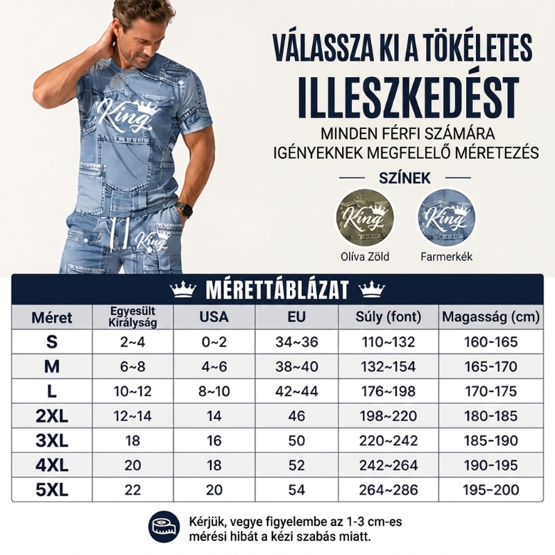 👕 Férfi farmerhatású póló és rövidnadrág szett | Könnyű, légáteresztő nyári viselet ☀️