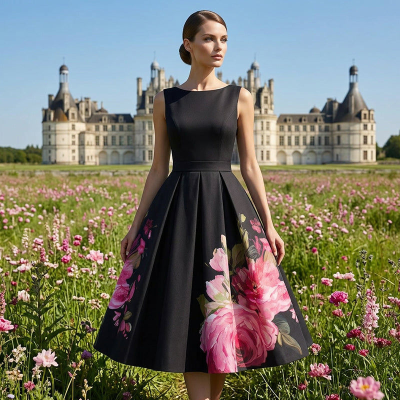 🌸Elegáns, ujjatlan, A-vonalú midi ruha virágmintával👗❤️