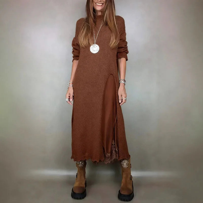 Valérie™ szett egy bájos szaténruhával és hosszú, kézzel készített pulóverrel / Időtlen elegancia minden részletében!