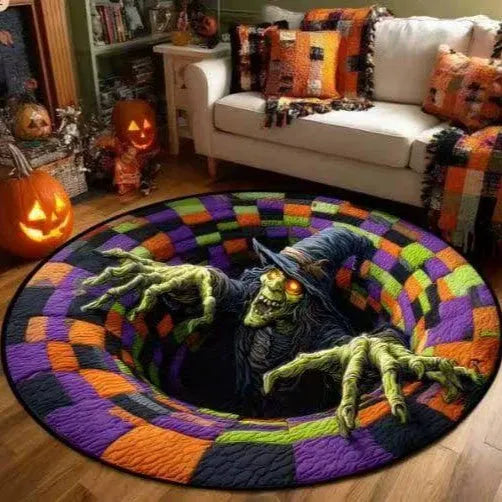 🔥Utolsó akció🎃Steppelt kerek halloweeni szőnyeg 3D csontvázzal és örvénnyel