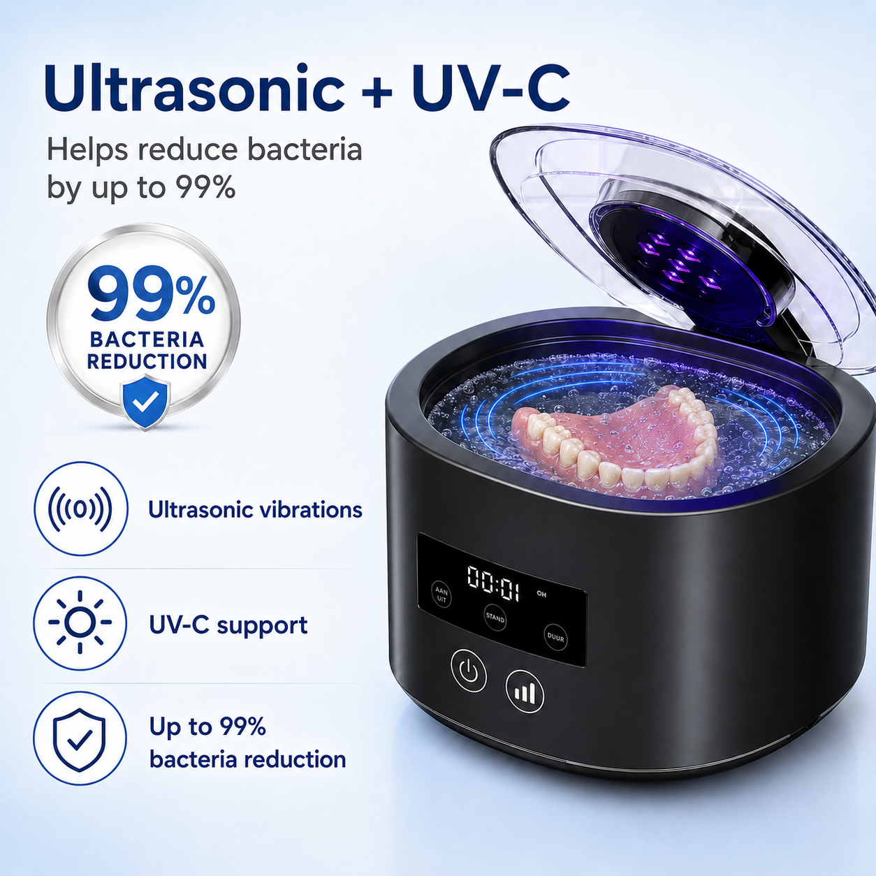 🥳2026-OS AKCIÓ🥳💞Több mint 50 ezer eladott darab!🦷 Denture Dome ultrahangos UV-C tisztító – Frissebb, tisztább fogsor mindössze 5 perc alatt
