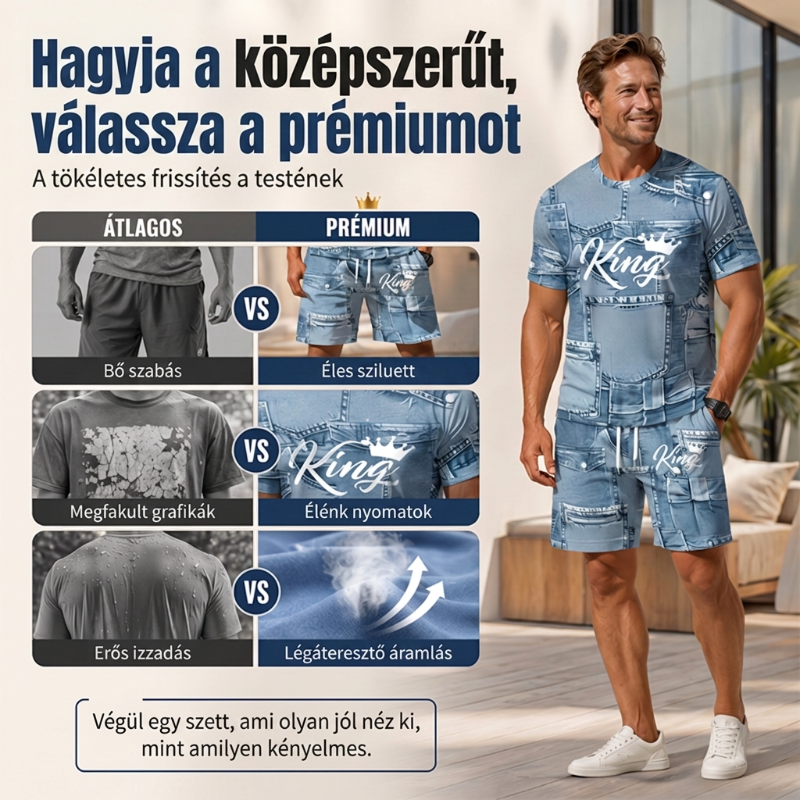 👕 Férfi farmerhatású póló és rövidnadrág szett | Könnyű, légáteresztő nyári viselet ☀️