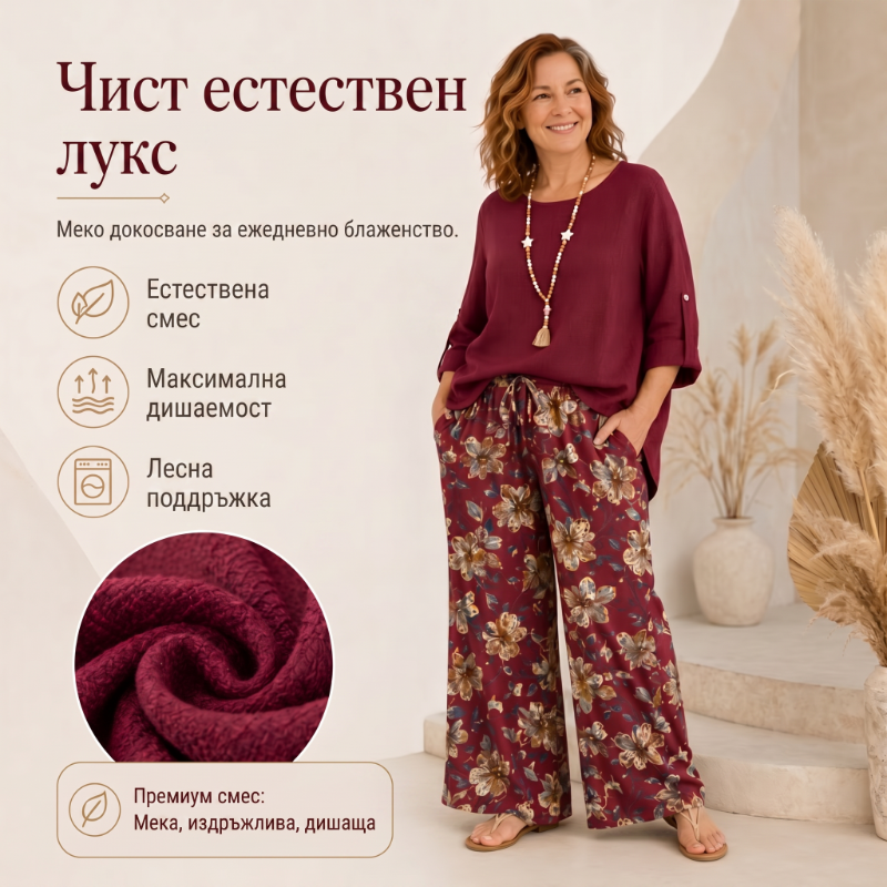 🌼🔥49% kedvezmény! Női bohém szett pamutból és lenvászonból, háromnegyedes ujjakkal és bő nadrággal