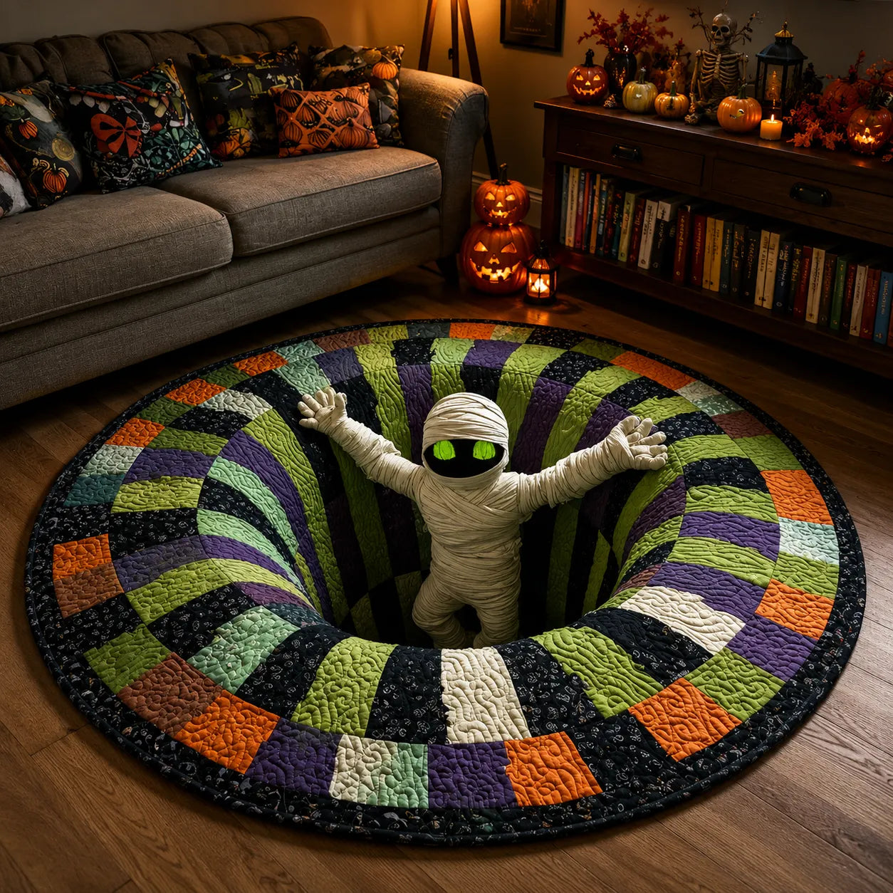 🔥Utolsó akció🎃Steppelt kerek halloweeni szőnyeg 3D csontvázzal és örvénnyel