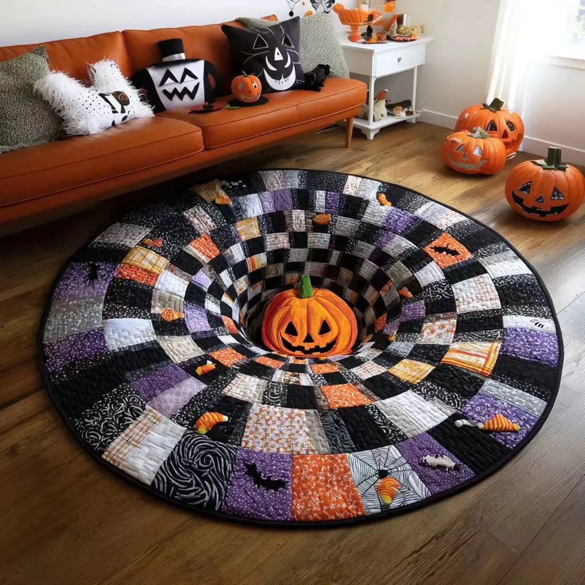 🔥Utolsó akció🎃Steppelt kerek halloweeni szőnyeg 3D csontvázzal és örvénnyel