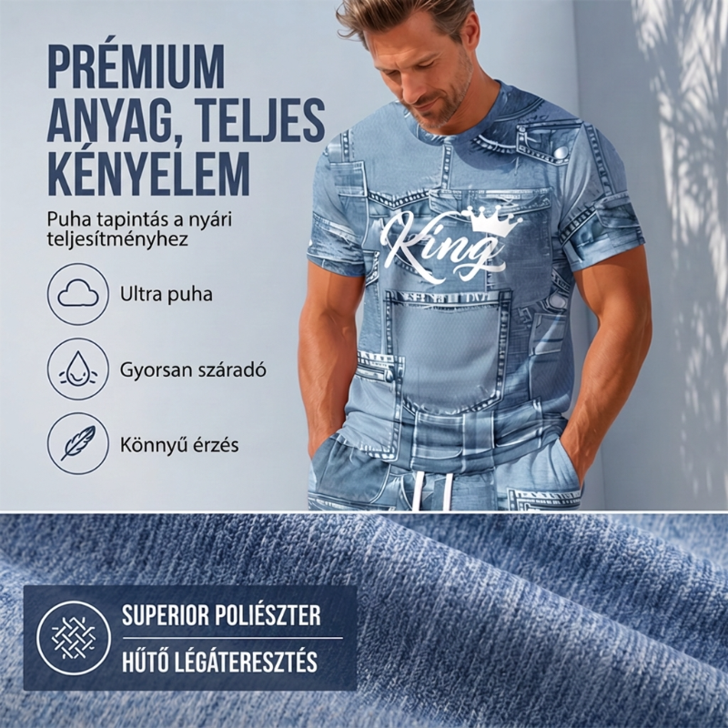 👕 Férfi farmerhatású póló és rövidnadrág szett | Könnyű, légáteresztő nyári viselet ☀️