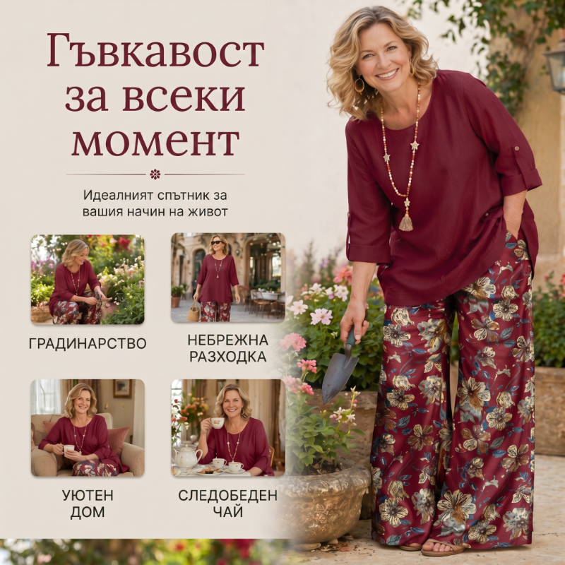 🌼🔥49% kedvezmény! Női bohém szett pamutból és lenvászonból, háromnegyedes ujjakkal és bő nadrággal