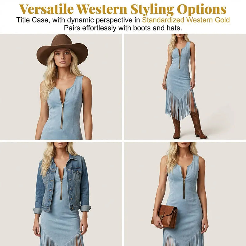 IDEIG KORLÁTOZOTT 50% KEDVEZMÉNY! ✨ Retro Western bojtos ujjatlan, karcsúsított ruha – rojtos szegéllyel, elöl cipzárral, cowgirl stílusú