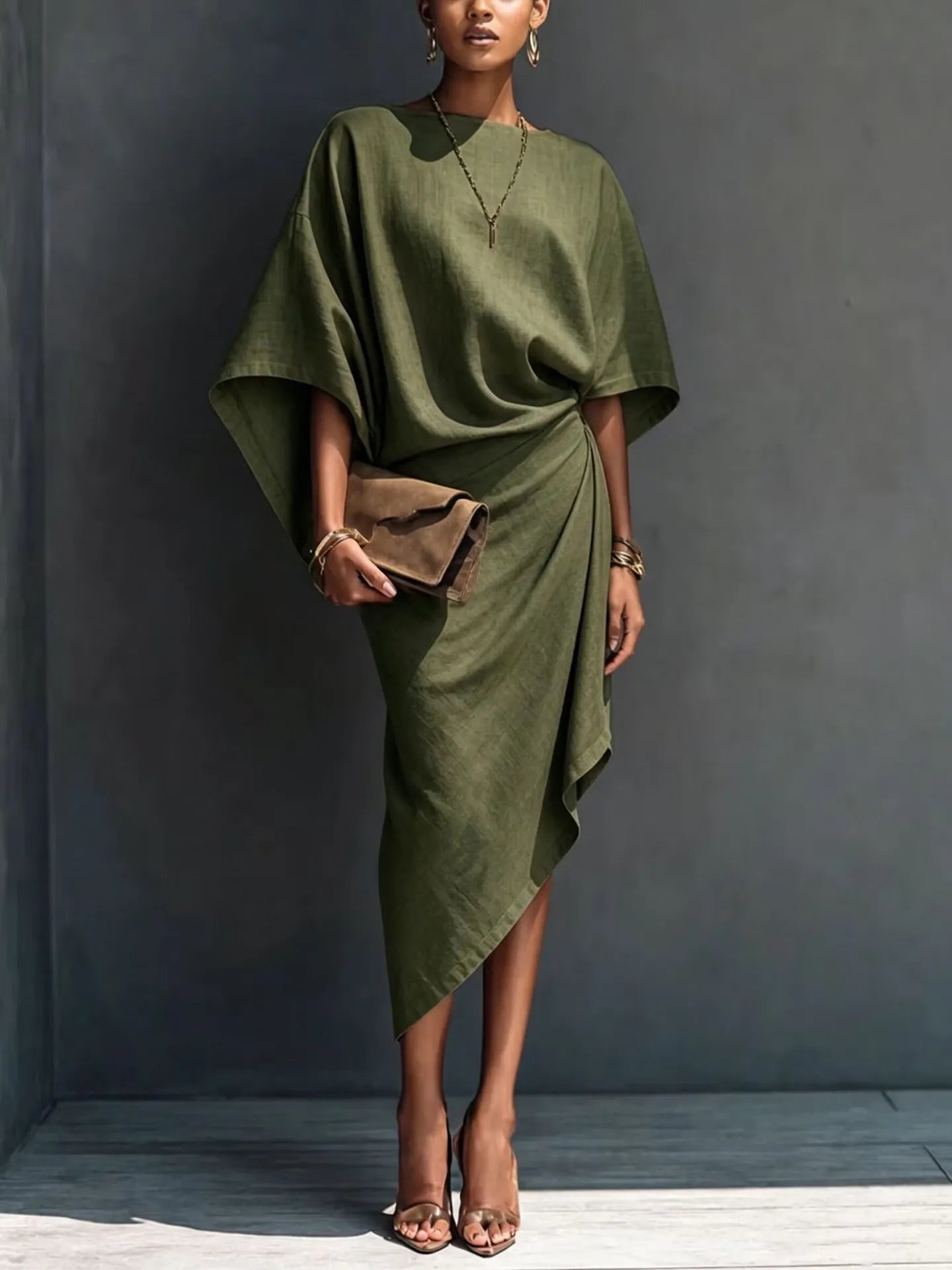 Női modern minimalista khaki színű lenkeverék drapéria aszimmetrikus rövid ujjú midi ruha
