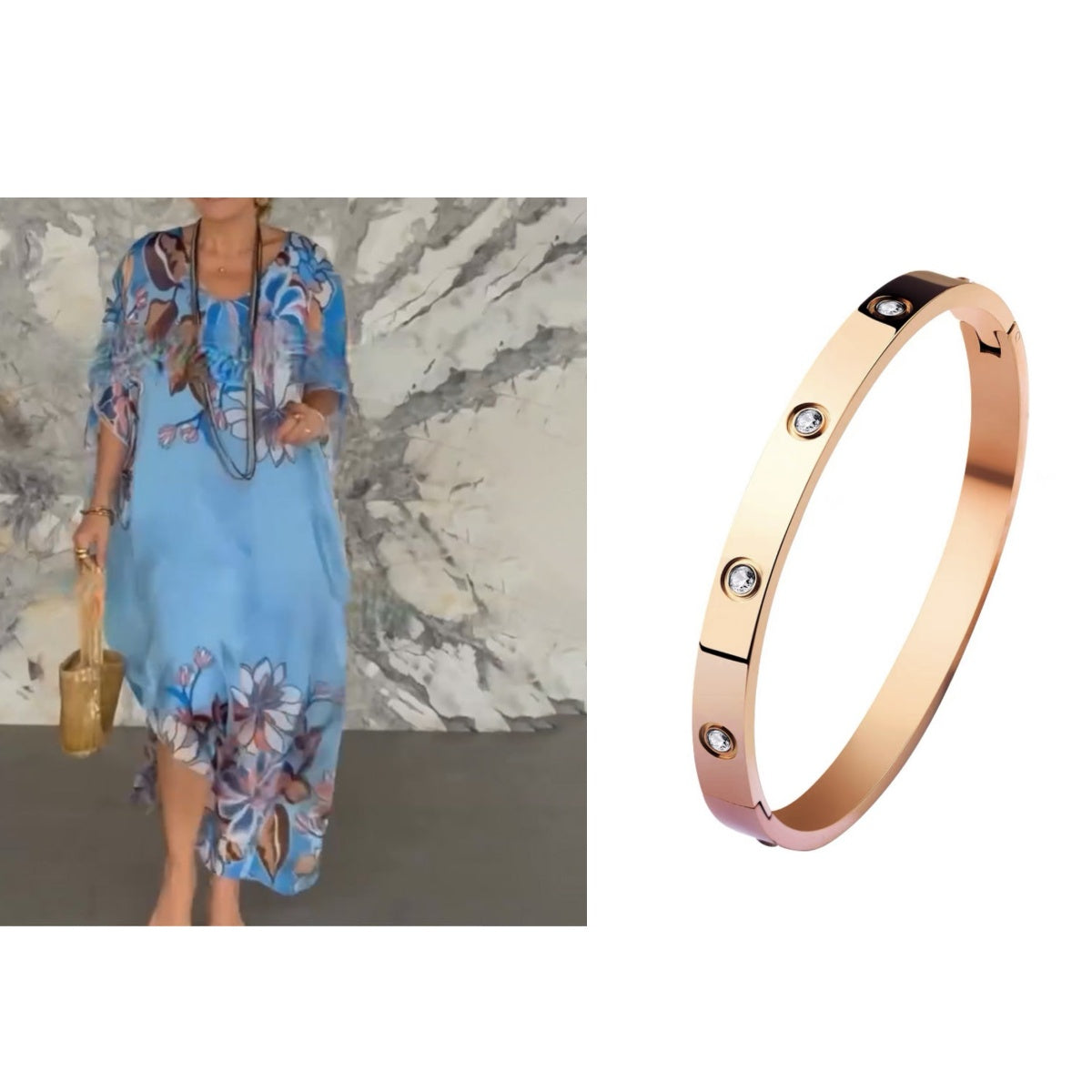 Elegáns, mintás, hosszú sifon ruha V-nyakkal