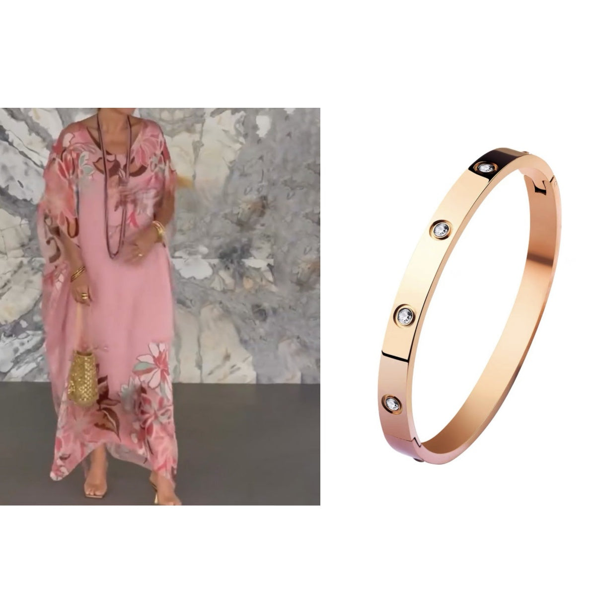 Elegáns, mintás, hosszú sifon ruha V-nyakkal