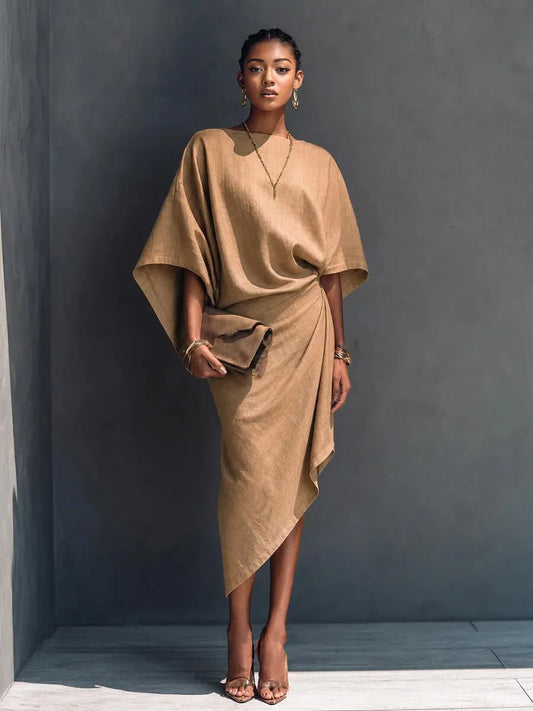 Női modern minimalista khaki színű lenkeverék drapéria aszimmetrikus rövid ujjú midi ruha