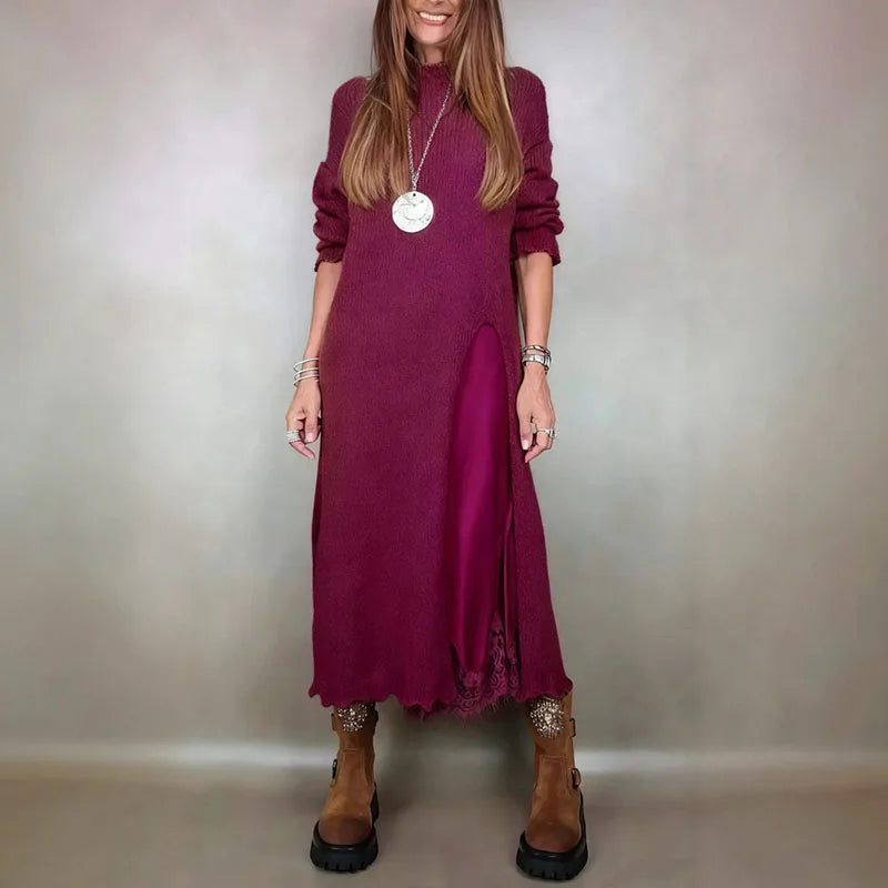 Valérie™ szett egy bájos szaténruhával és hosszú, kézzel készített pulóverrel / Időtlen elegancia minden részletében!