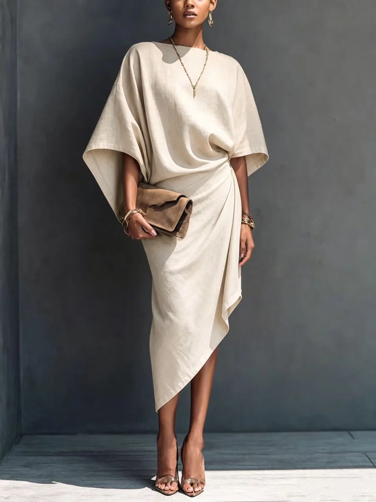 Női modern minimalista khaki színű lenkeverék drapéria aszimmetrikus rövid ujjú midi ruha