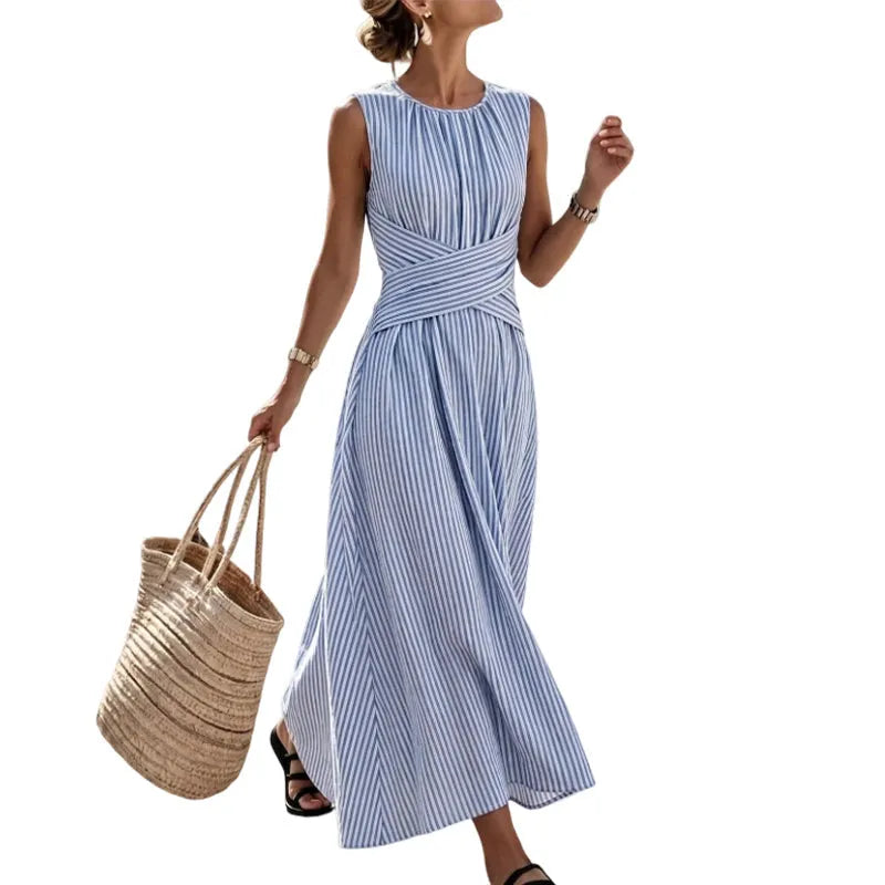 👗KORLÁTOZOTT IDEIG 50% KEDVEZMÉNY! Női ujjatlan csíkos maxi ruha derékkiemeléssel