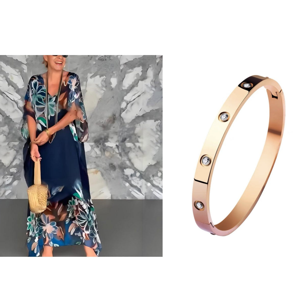 Elegáns, mintás, hosszú sifon ruha V-nyakkal